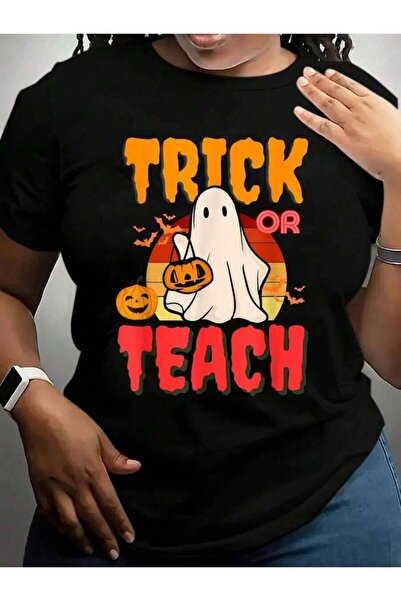 29CUN تي شيرت Trick Or Teach Retro Floral Ghost Teacher Halloween Black Graph...