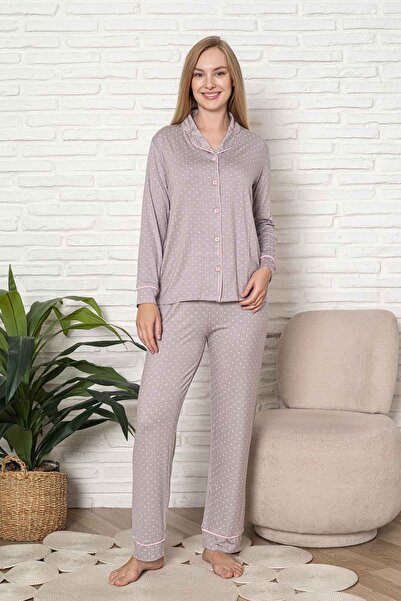 ALİMER Front Buttoned Women's Pajama Set - Heart Patterned Long Sleeve Lycra ...