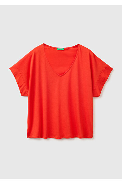 United Colors of Benetton Women's Red Cotton and Lyocell Blend T-Shirt with L...