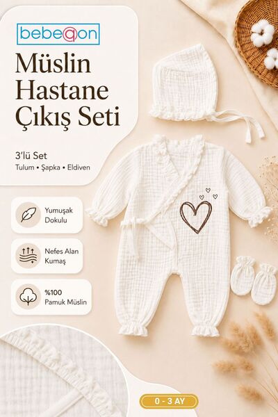 bebeqon 3 Parça %100 Pamuk Müslin Ekru Kalp Baskılı Kruvaze Hastane Çıkış Seti 0-3 Ay