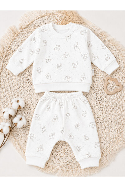 UmBaby Ecru Teddy Bear Patterned Baby Set Long Sleeve Top and Pants Pajama Set