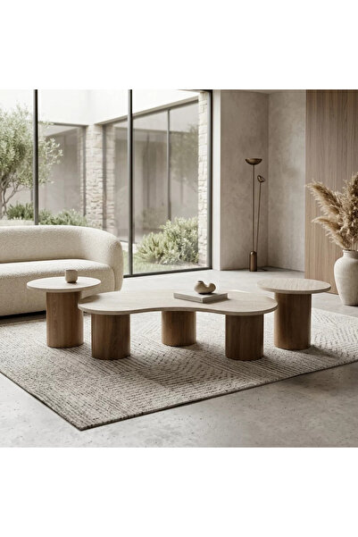 Al Hadaya Mall Modern Design Marble and Wood Alternative Coffee Table Set - B...