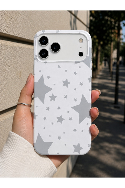 OVADA İPhone 17 Pro Max Uyumlu Beyaz Yıldız Desenli Kadife Soft Telefon Kılıfı