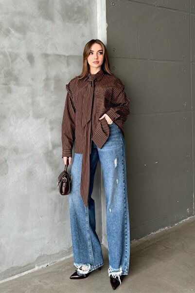 Generic Brand Brown striped shirt with scarf detail