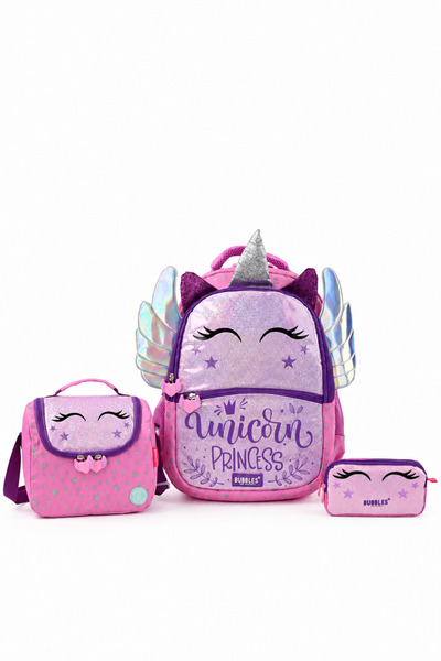 WANDER BAG Bubbles 6406 Unicorn Princess Winged 3-Piece Primary School Bag Lu...
