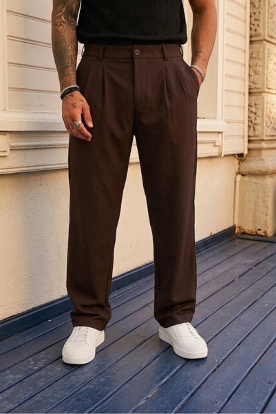 ElitWear Erkek Pileli Rahat Kalıp Beli Lastikli ve Kemerli Baggy Kumaş Pantolon