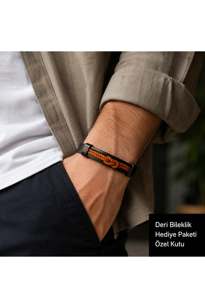 HER ŞEY NOTA www.herseynota.com Black Leather Men's Bracelet with Orange Brai...