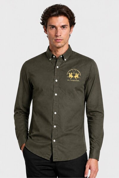 La Martina Men Slim Fit Embroidered Logo Long Sleeve Casual Shirt, Olive