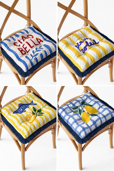 IdeCraft Mediterranean Ciao Bella and Lemon Fish Patterned 4-Piece Fringed Pu...