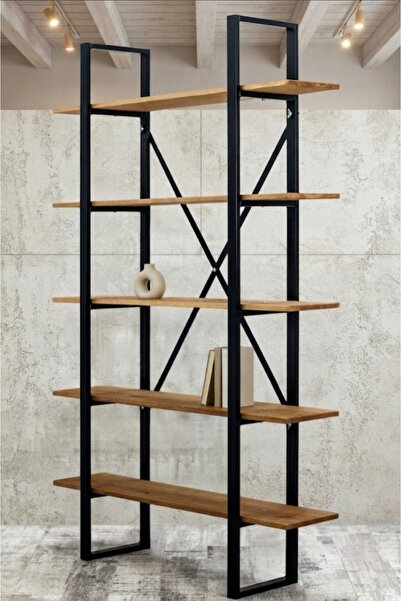 hiraca Endüstriyel Tasarım Metal İskeletli Ahşap Kitaplık / Raf (120x20x175 cm)