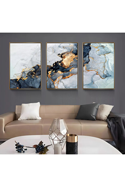 EMYA HOME Gold Metal Çerçeveli Mermer Desen 3’lü Kanvas Tablo Seti