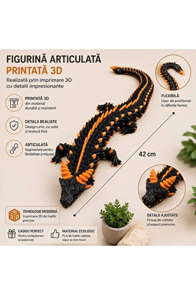 Generic Brand Figurină Dragon Articulat 3D, Flexibil, Negru cu Portocaliu