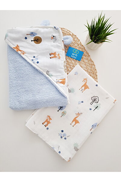 artıbebe Ceylanlı Baby Bath Towel Set |   Muslin Blanket + Hooded Cotton Towe...