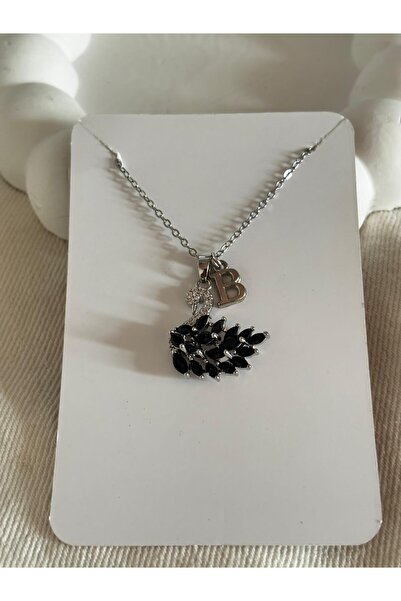 bijoux uniques Siyah zirkon taşlı kuğu model B harfli 316L çelik kolye