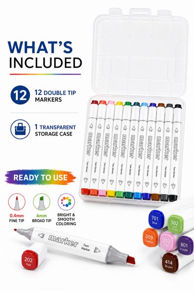 MOTARRO 12 Colors Double Tip Marker Set with Portable Storage Case – Fine & Broad Tip Art Markers for Drawing, Coloring, Sketching & Lettering