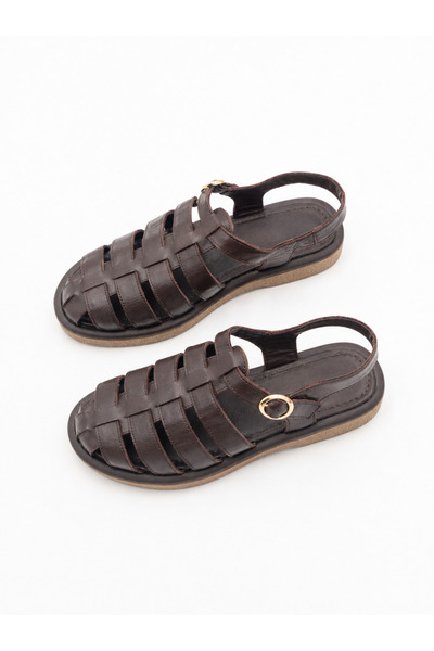 a ayak&kabım official Solea Brown Genuine Leather Knitted Women's Sandals The...