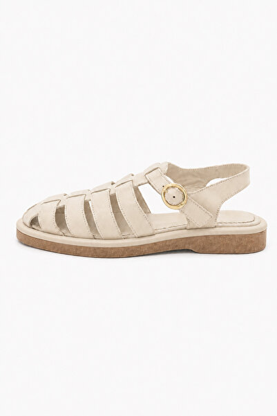 a ayak&kabım official Solea Beige Genuine Leather Knitted Women's Sandals The...