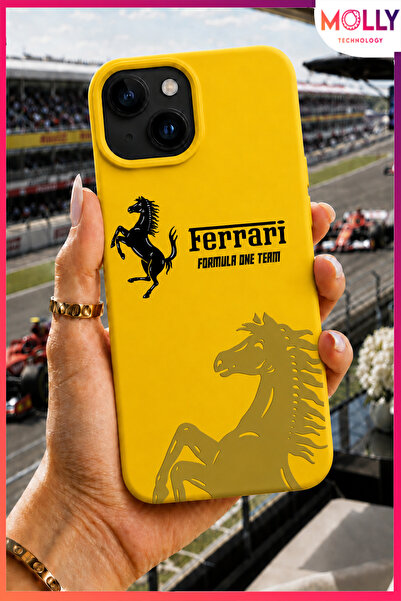 Molly iPhone 15 İçin Sarı Racing Horse Desenli İçi Kadife Silikon Kılıf