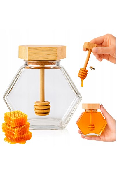 SuperButelki Borcan Hexagonal Tip Fagure pentru Miere cu Lingura, 220 ml, Tra...