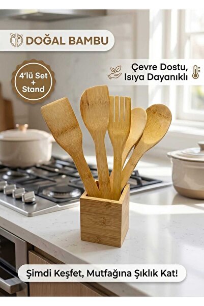 segyhome Doğal Bambu 4'lü Mutfak Servis Seti ve Standı - Isıya Dayanıklı Ahşa...