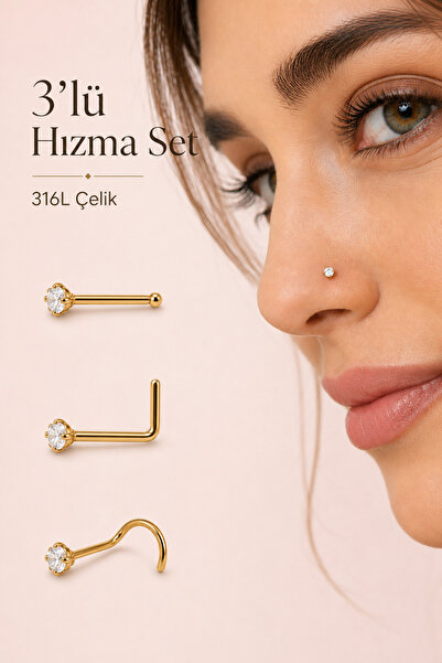 Sacce Scarves&Accessories 3'lü 316L Çelik Burun Hızması Seti 3 mm Zirkon Taşl...