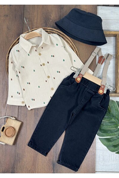 my petit panda Pine Printed Muslin Shirt, Lycra Jeans, and Hat with Suspender...