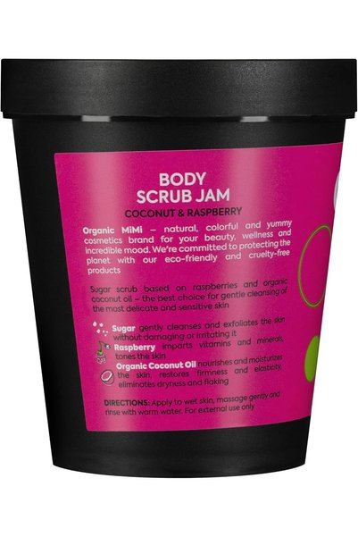 ORGANİC MİMİ Jam Body Scrub Coconut & Raspberry 250g – Natural Sugar Exfoliating Scrub for Smooth & Soft Skin – Enriched with Organic Coconut Oil & Raspberry Extract – Vegan & Paraben Free
