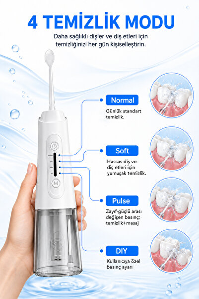 mimtec Şarjlı Ağız Duşu - 320ml Su Hazneli 5 Başlık 4 Çalışma Modlu Su Geçirmez Ağız Diş Dil Temizleyici Beyaz