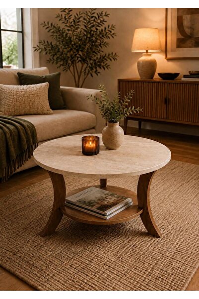 menalART Ağaç Tasarım Orta Sehpa Traverten Desen Ceviz 75 cm Çap - MDF Ayak 46 cm Yükseklik Modern Orta Sehpa Ceviz Traverten