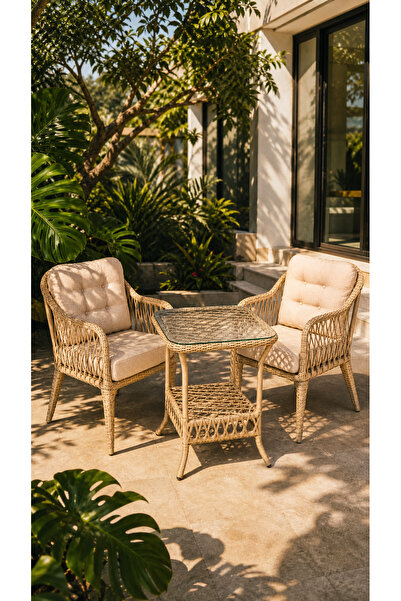 Çavdar Group Small Raddan 1+1 Bistro Set Minderli 2 Kişilik Raddan Oturma Gru...