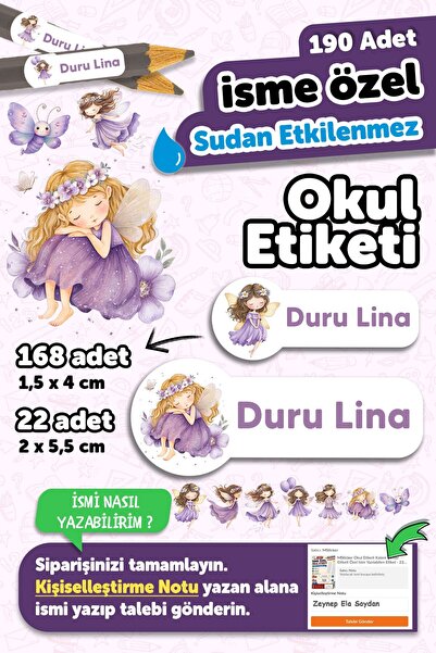 MSticker 190 Adet Kişiye Özel Okul Etiketi İsimli Kalem Defter Suluk Etiket Dayanıklı Etiket Mor Peri Kızı