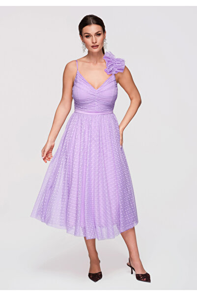 Larica Rochie de cocktail midi pentru femei, cu fustă evazată din tul, decolt...