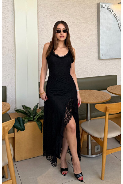 My Blog Black Side Slit Detailed Lined Lace Dress - De261102