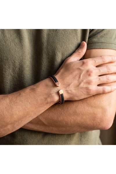 JuraDeri Copper Bracelet with Black Braid Detail and Magnet Tip Open Handcuff Men's Accessory