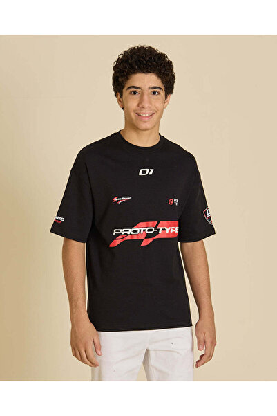 REDTAG Senior Boys Black Printed T-Shirt