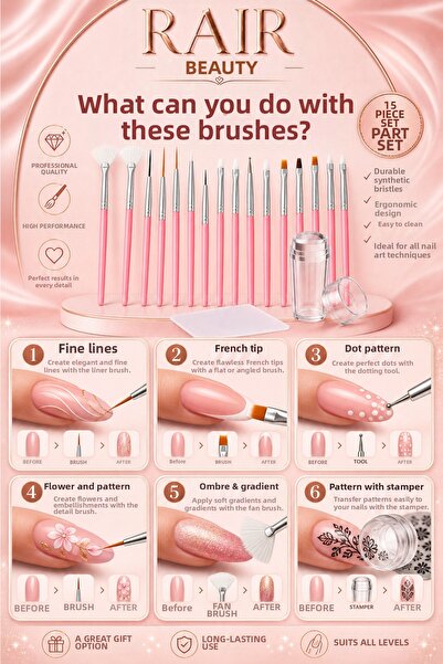 RAİR BEAUTY Nail Pattern Making Brush Nail Art Brush 15-Piece Brush Set and Stamper Stamp Printing French Set