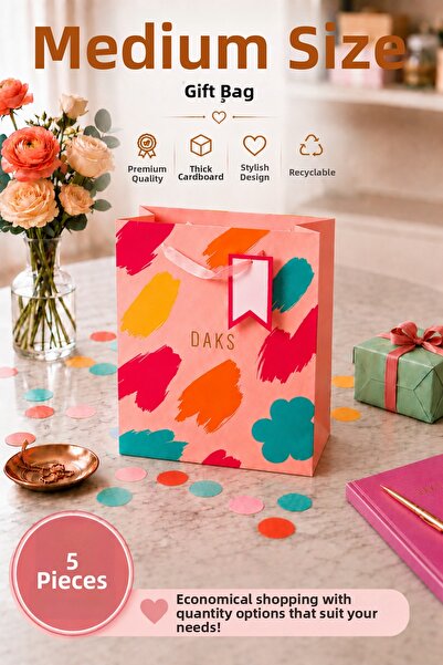 Daks 5 Pcs (23 X 18 X 10 cm) - Pastel Pink Color Brush Patterned Medium Size ...