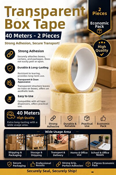 ANI OFİS KIRTASİYE A K Transparent Duct Tape 40 Meters – Strong Adhesive 2-Pa...