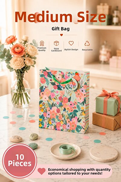 Daks 10 Pcs (23 X 18 X 10 cm) - Pastel Green Floral Medium Cardboard Gift Bag