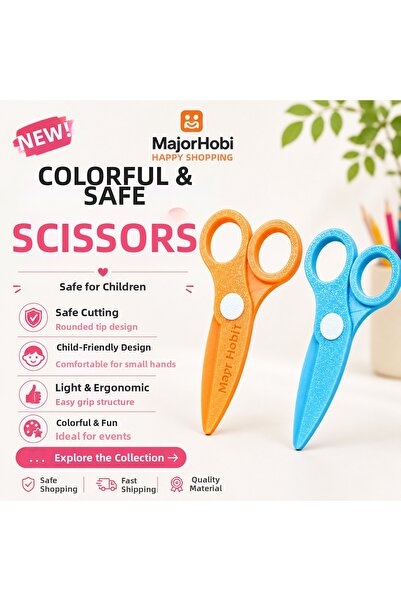 Major Hobi Children's Paper Scissors Set of 2 – Colored Scissors with Safe Ti...
