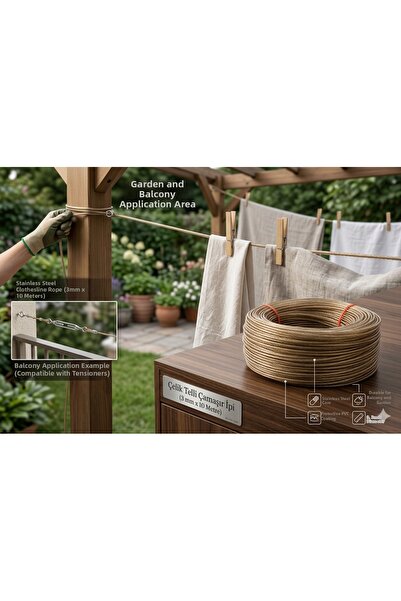 EMİRHANNALBUR حبل غسيل من الأسلاك الفولاذية 3 مم 10 أمتار - حبل للشرفة والحدي...