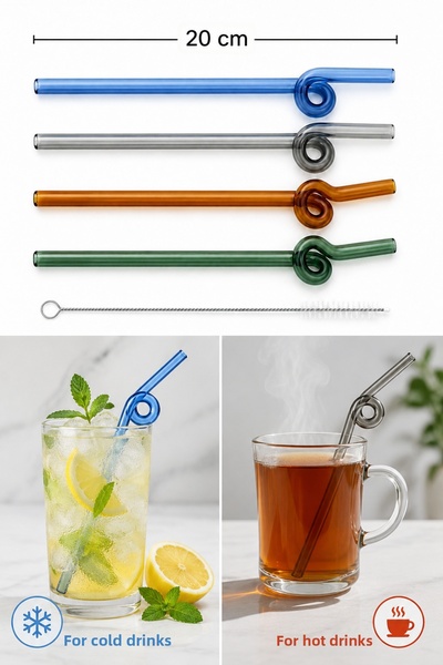 MİMOZA PARK 4 Colorful Heat-Resistant Glass Straws Set (Straw Brush Gift)