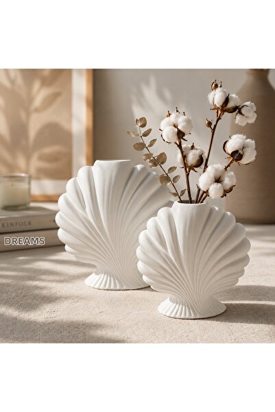 VANTES Set of 2 Sea Shell Decorative Vases – Modern Bohemian White Vase Set (...