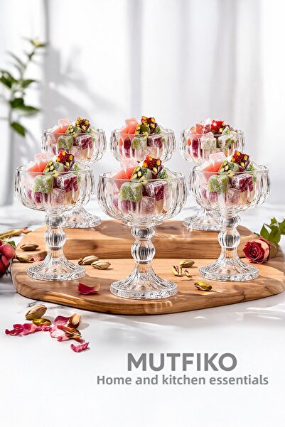 Mutfiko Set of 6 Glass Turkish Delight Bowls with Stands 75 ml Transparent Pr...