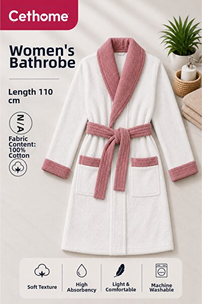 Weweus Halat de baie ÇetHome, culoare albă, cu centură roz, pentru femei, 100...