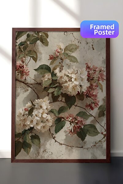 Zestia Pictură murală vintage, ramuri de primăvară înflorite, înrămate maro N...