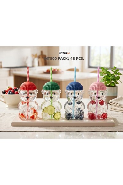İnterlife Teddy Bear Cup with Straw, Colorful Cute Soft Drink Smoothie Coffee...