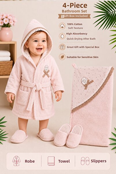 Sitilin Baby Girl Pink Luxury Premium Lace Bathrobe Towel Set 100% Cotton New...