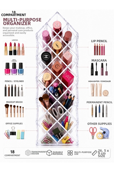 Aşkana yuvanıza aşkla... 18 Compartment Clear Makeup Organizer – Lipstick Nail Polish Pen Brush Organizer Desktop Cosmetic Organizer Box 26.5 X 9 cm Multi-Purpose Acrylic Organizer