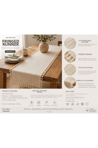 DENBU TEKSTİL Buldan Handwoven Linen Runner Tablecloth with Fringes and Tasse...